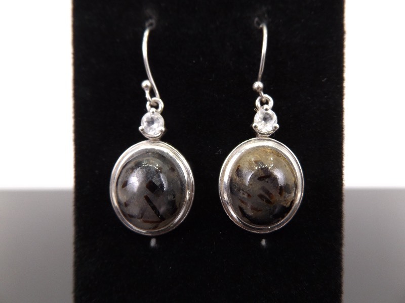 lot 86 image: .925 Sterling Silver Moss Agate Cabochon Dangle Earrings
