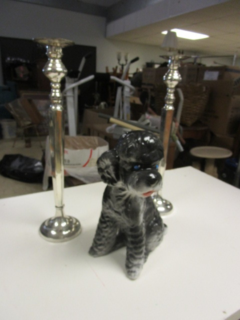 lot 929 image: CHALK POODLE STATUE AND TWO CANDLESTICKS