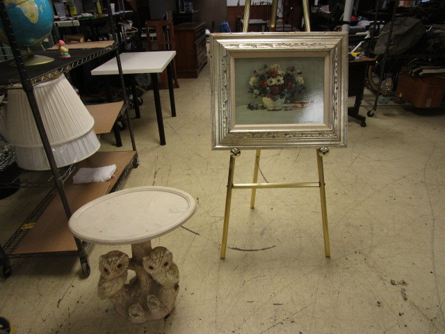 lot 952 image: FLOWERS IN A BOWL PAINTING WITH AN OWL THEMED SIDE TABLE