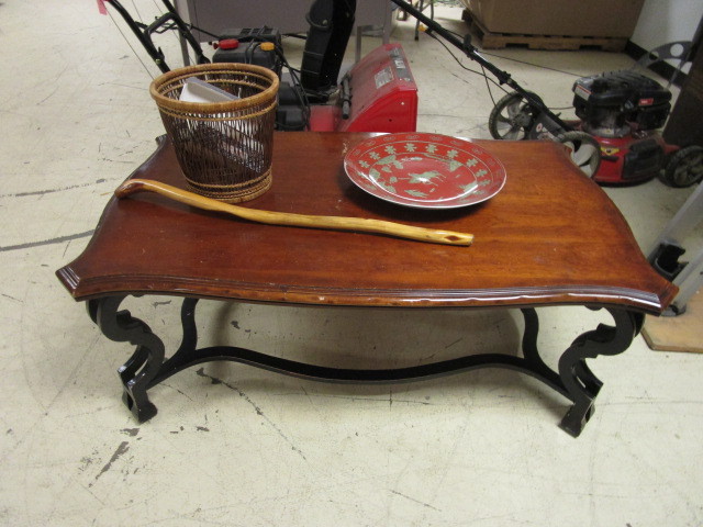 lot 116 image: COFFEE TABLE WITH DECORATIVE PLATE, WALKING STICK AND MORE
