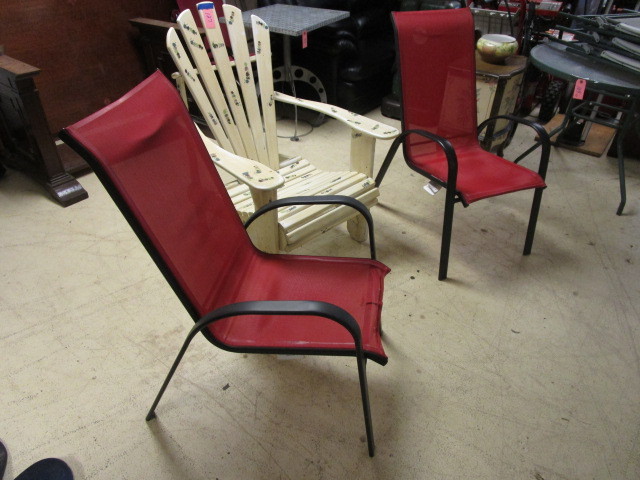lot 127 image: CATERPILLAR DECORATED ADIRONDACK CHAIR WITH TWO RED PATIO CHAIRS