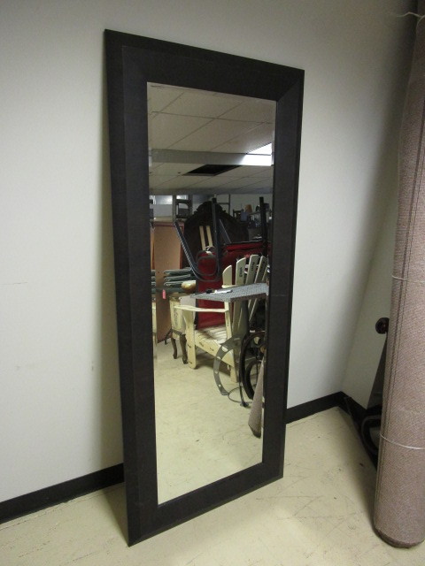 lot 129 image: BLACK FRAMED BEVELED GLASS MIRROR