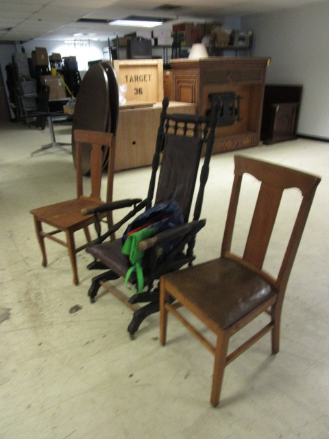 lot 142 image: WOOD ROCKING CHAIR AND TWO CHAIRS