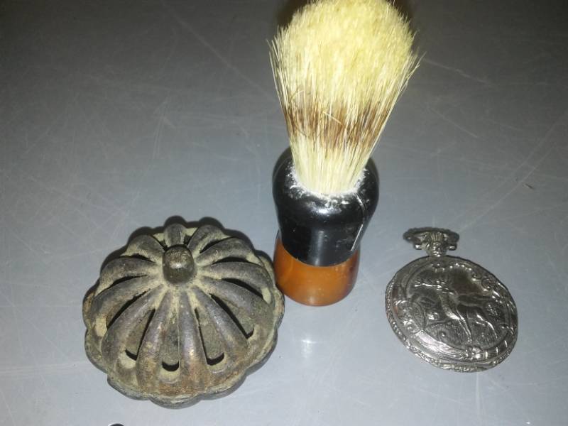 lot 203 image: Vintage - shave brush, pocket watch and incense burner.