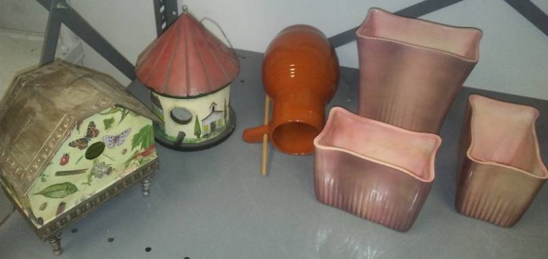 lot 233 image: Bird houses and vintage vases.