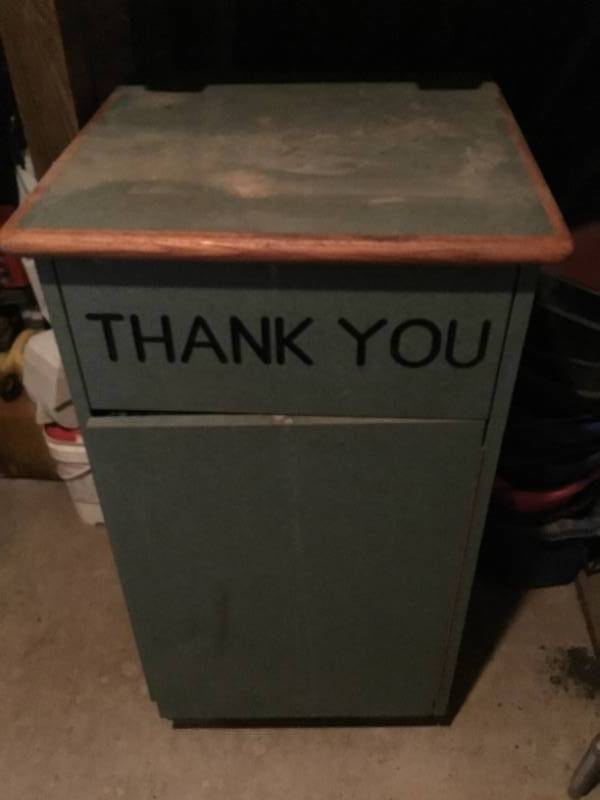 lot 137 image: Wooden garbage container with Thank you Flap.