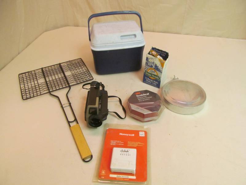 lot 44 image: Honeywell Thermostat, Kodak Camera, Canteen w 15 Gallon Crate