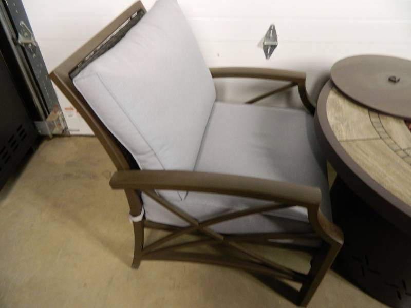 lot 1 image: New Gas Fire Pit with LED Lights and 2 Chairs
