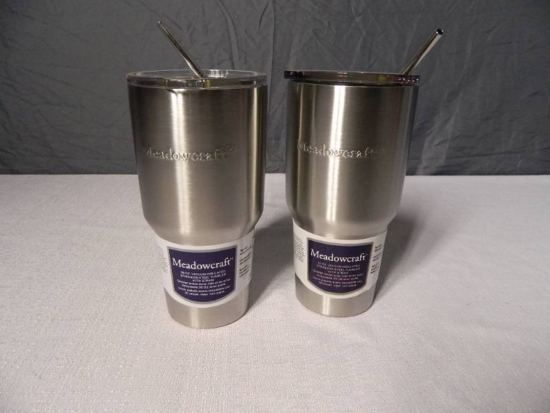 lot 37 image: 2 New Meadowcraft Stainless Steel Vacuum Insulated Tumblers with Metal Straws