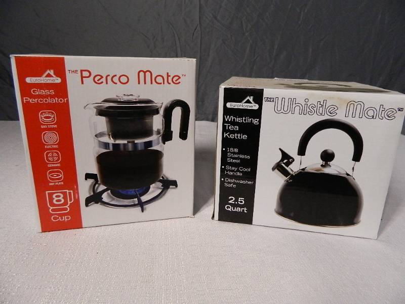 lot 42 image: New Whistling Tea Kettle and New Glass Perculator