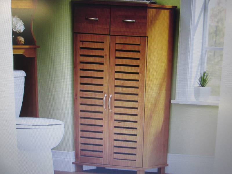 lot 120 image: Bamboo-Finish Towel Cabinet open bo...