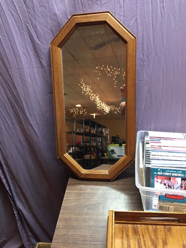 lot 83 image: Tote of CDs, Mirror and Oak Serving Tray