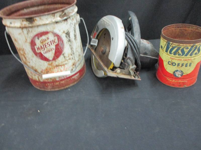 lot 99 image: Old Magestic Grease can, Nashs Coffee can and Skil Saw