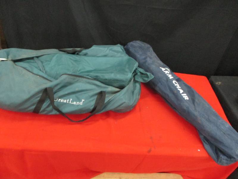 lot 108 image: LARGE TENT  Tent doesnt look like its ever been used and collapsible chair
