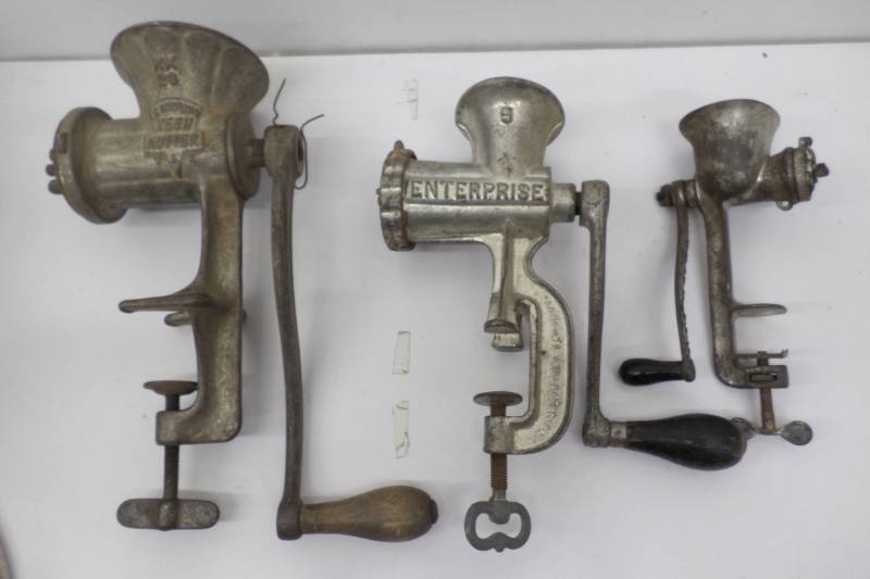 lot 72 image: 3 Vintage Meat Grinders-Enterprise 5, Keen Kutter KK 23, Unmarked