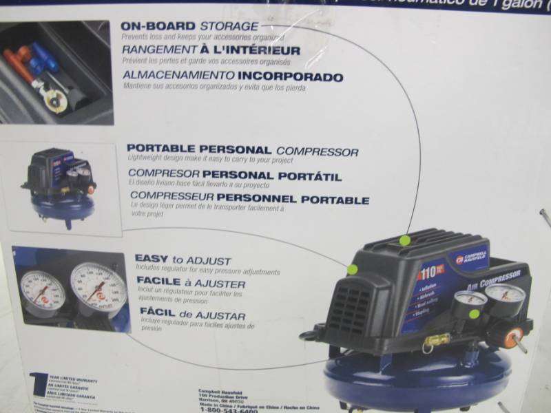 lot 202 image: Campbell Hausfeld 1 Gallon Oil-Free Air Compressor wKit (FP2028)