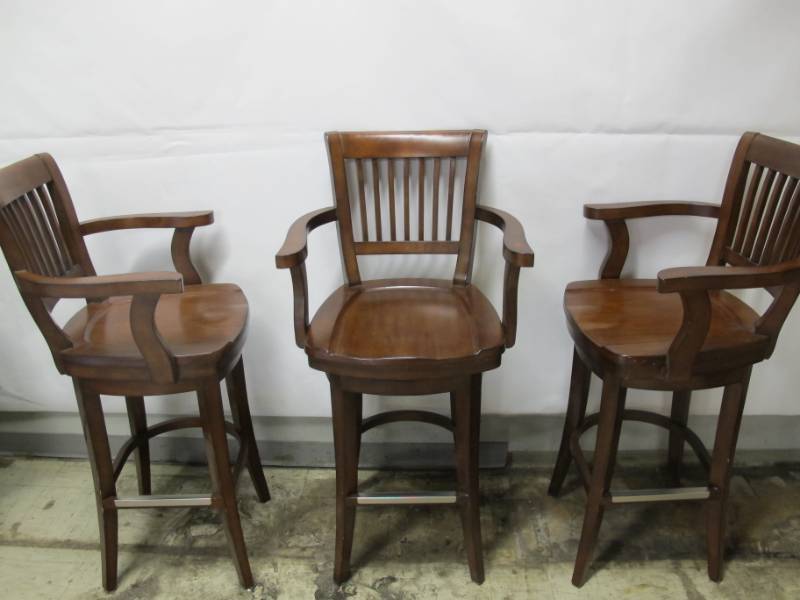 lot 126 image: 3 Wooden 360 Degree Swivel Barstools with Arm Rests