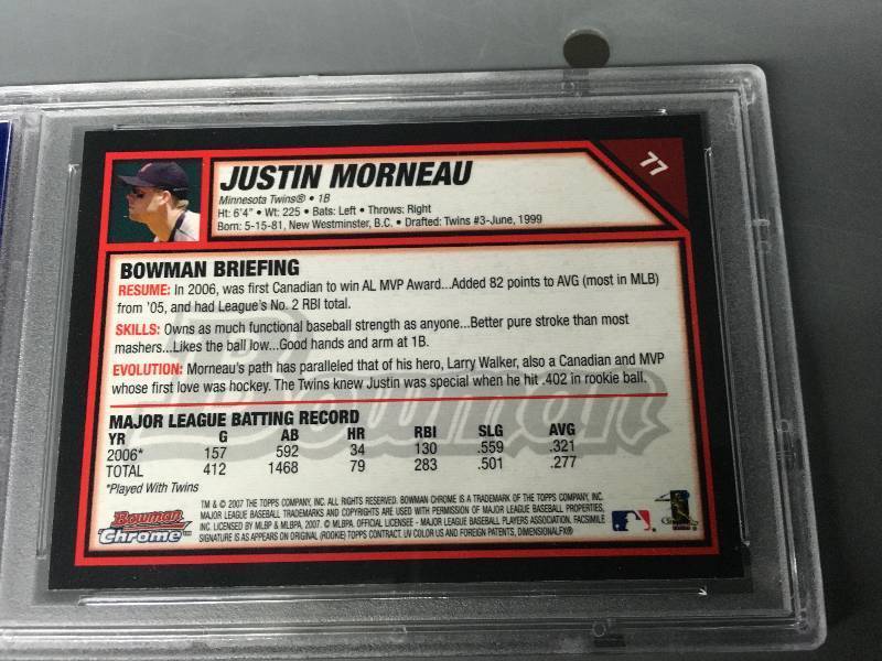 lot 49 image: 2007 Bowman Chrome Justin Morneau 10 Mint Card