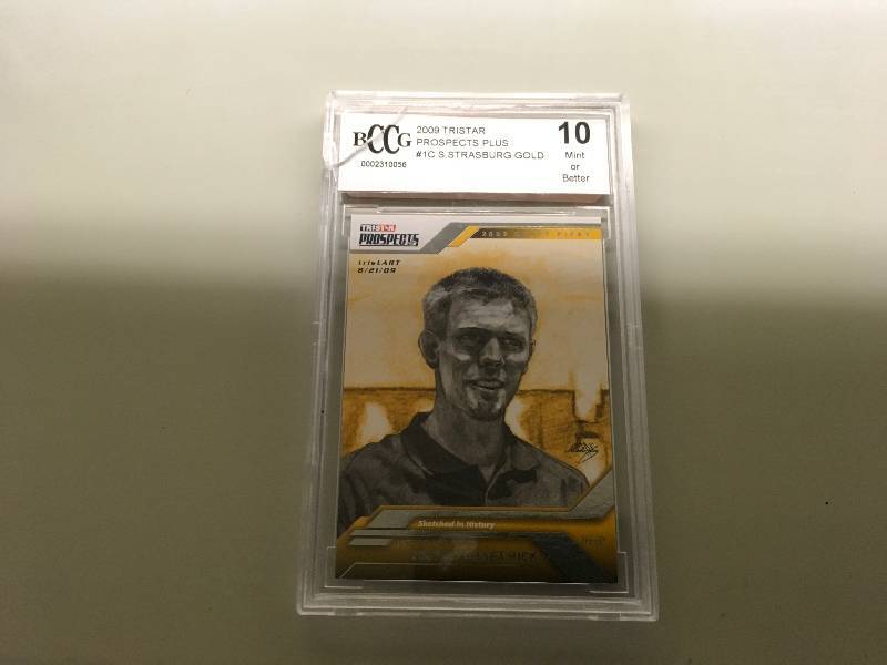 lot 41 image: 2009 Tristar Prospects Plus #1C S Strasburg Gold 10 Mint Card