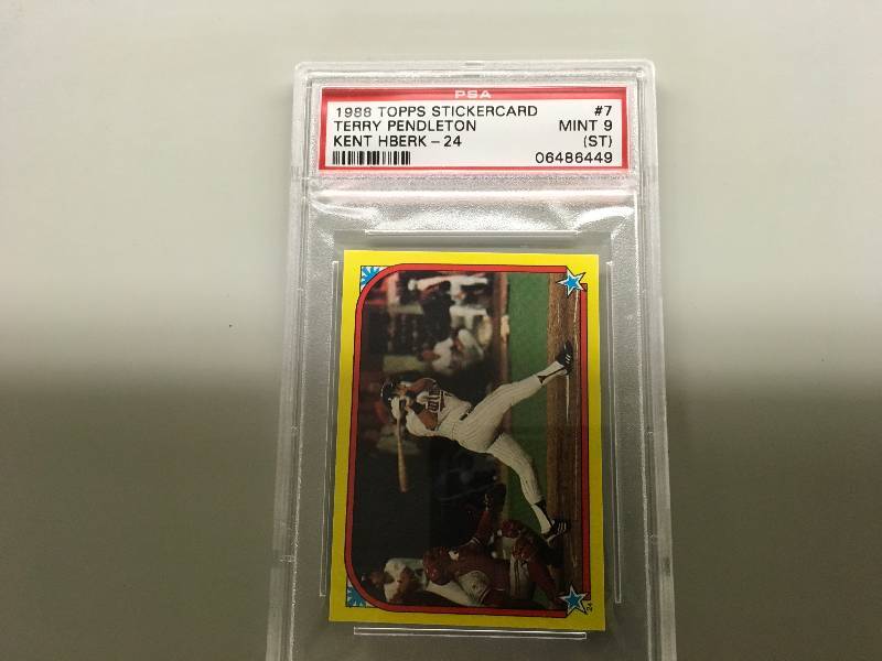 lot 43 image: 1988 Topps Sticker Card Terry Pendleton Kent Hberk 9 Mint Card