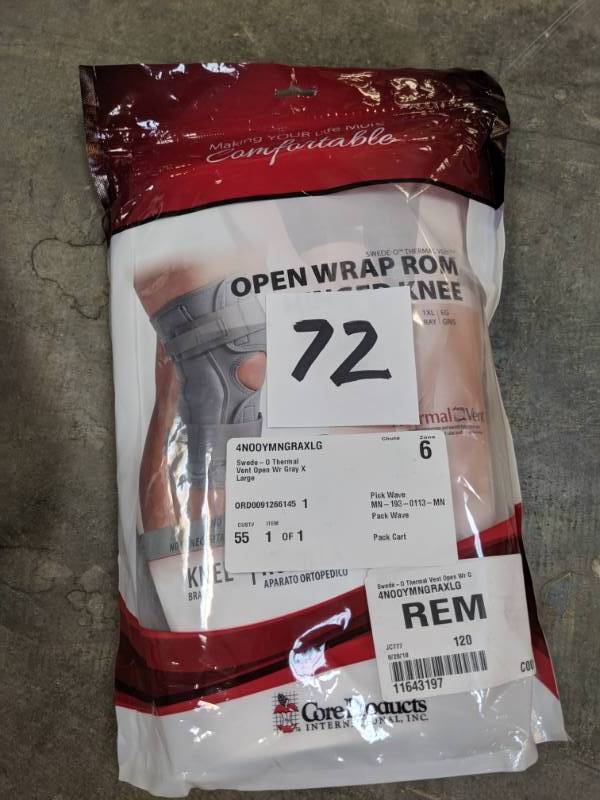 lot 72 image: Core Products Swede-O Thermal Vent Open Wrap ROM Hinged Knee Brace gray XL NEW