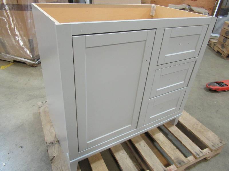 lot 71 image: Gray 36 X 21 12 X 33 12 Tall Bath Vanity Cabinet Only With 3 RH Drawers and LH Door. - No Top