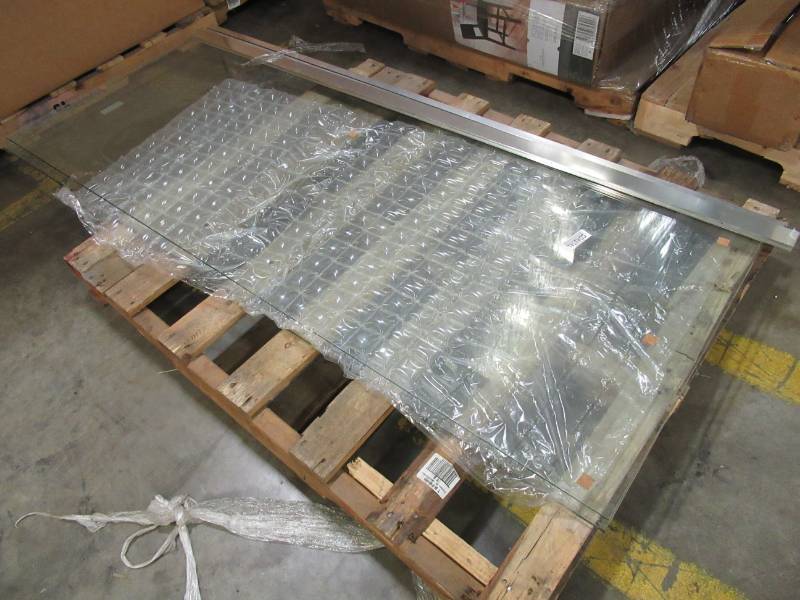 lot 97 image: Shower Door Glass with Satin Nickle Trim Pieces, Glass Measures approximately 67 12 X 28 14