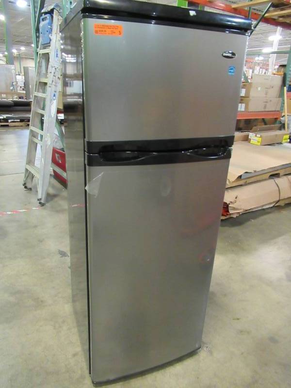 lot 38 image: Danby Designer 7.3 cu. ft. Apartment Size Top Freezer Refrigerator in Black and Stainless Steel, DPF073C1BSLDD - Loose Freezer Door (needs 2 Screws) Some scratches