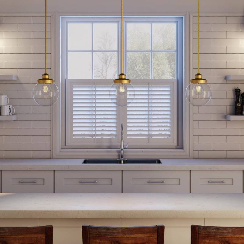 lot 85 image: Progress Lighting Penn Collection 1-Light Natural Brass Mini Pendant with Clear Glass P5067-137