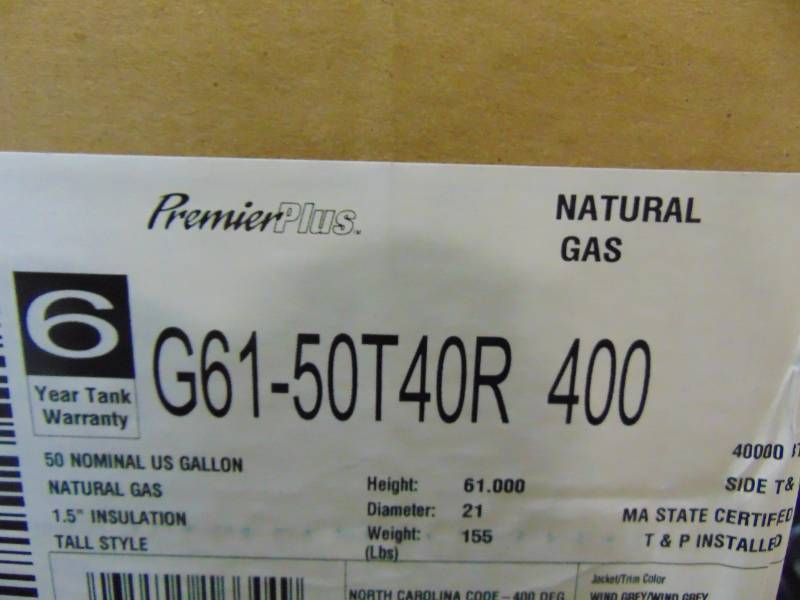 lot 328 image: American Water Heaters Premier Plus 50 Gallon Atmospheric Vent Natural Gas Water Heater G61-50T40R