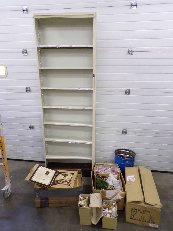 lot 65 image: Large Metal Shelf, Plumbing supplies, Christmas Decor and Chandelier