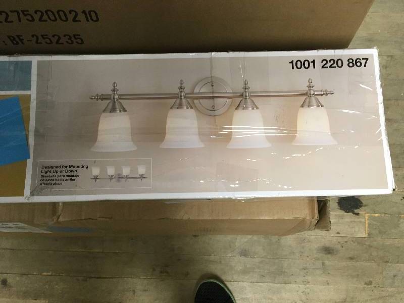 Hampton Bay Olgelthorpe 4-Light Brushed Nickel Bathroom Vanity Light with Bell Shaped Frosted Glass Shades not used