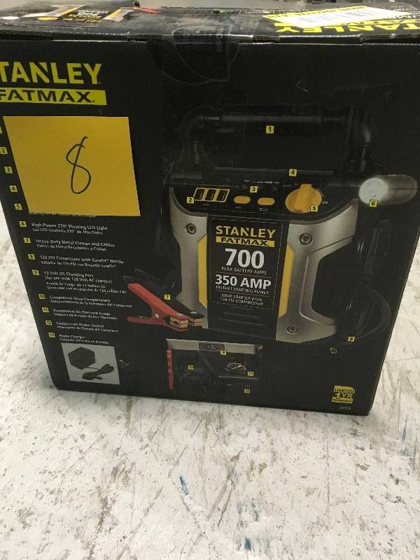 lot 8 image: Stanley Jump Starter 700 Peak350 Instant Amps 120 PSI Air Compressor n good condition