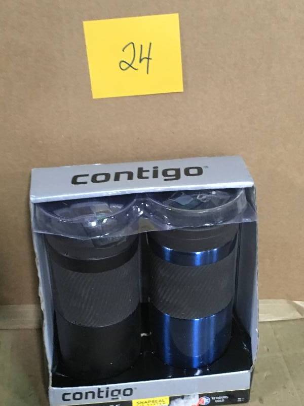 lot 24 image: Contigo Snapseal Leak-Proof 2 Pack Stainless Steel Travel Mugs Black & Blue n good condition