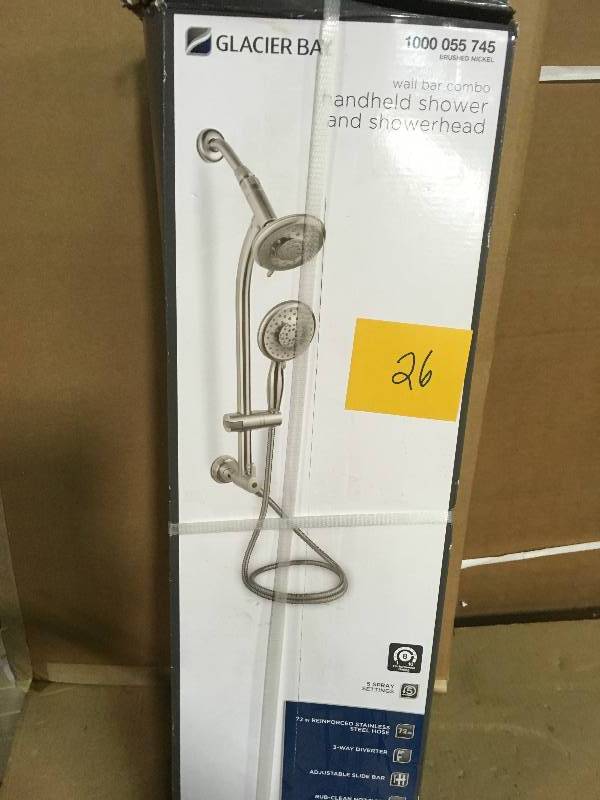 lot 26 image: Glacier Bay 5-Spray Wall Bar Shower Kit in Brushed Nickel n good condition