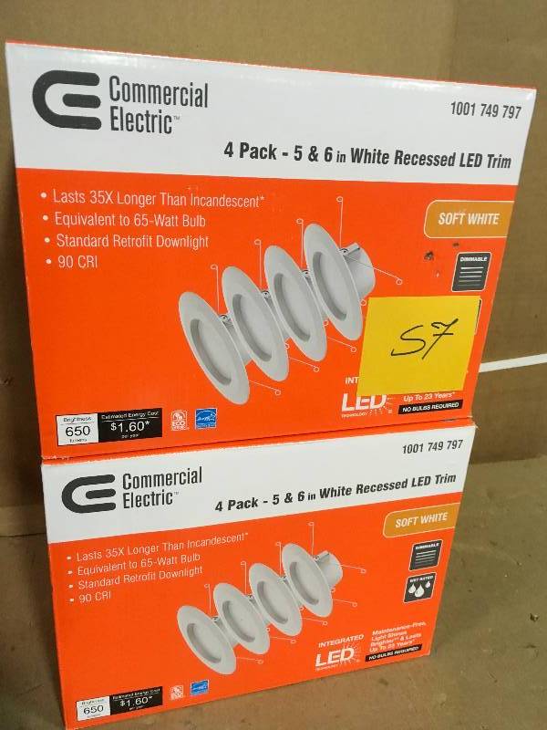 lot 57 image: Commercial Electric 5 in. and 6 in. White Integrated LED Recessed Trim, 2700K Soft White - Pack not used