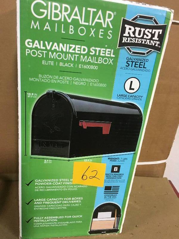 lot 62 image: Gibraltar Mailboxes Elite Large Galvanized Steel Post-Mount Mailbox in Black in good condition