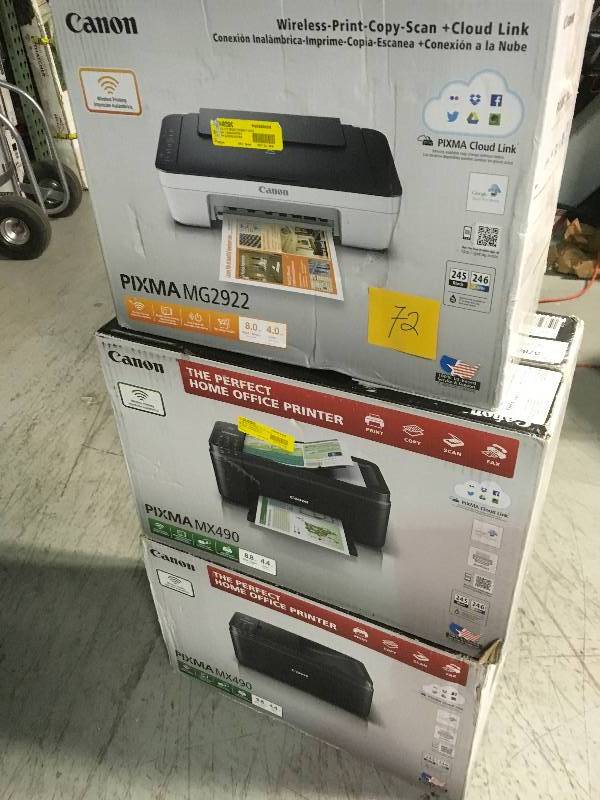 lot 72 image: Canon PIXMA MG2922 & (2) CANNON PIXMA 490 used in good condition noink included