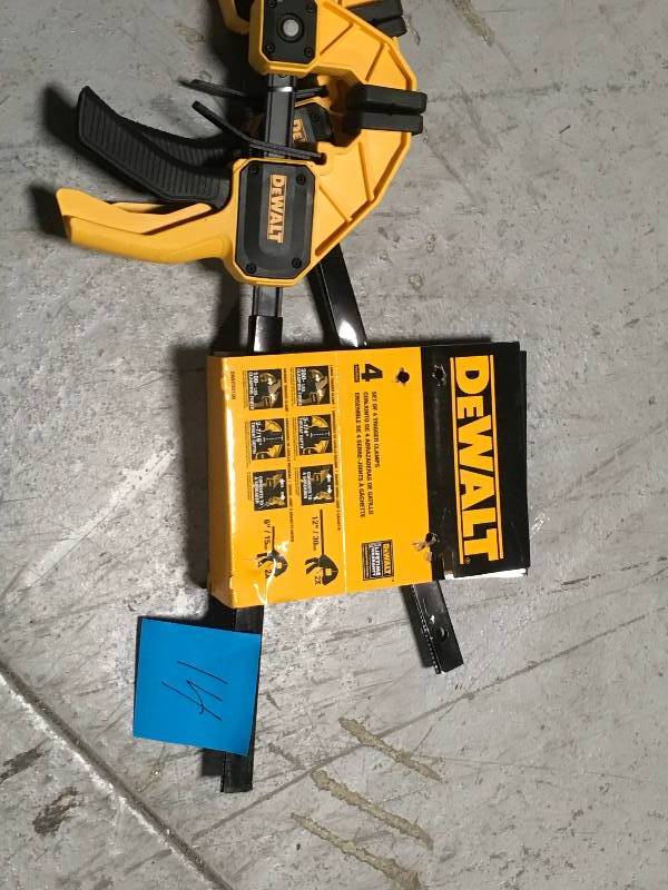 lot 14 image: DEWALT Medium and Large Trigger Clamp (4-Pack) in good condition