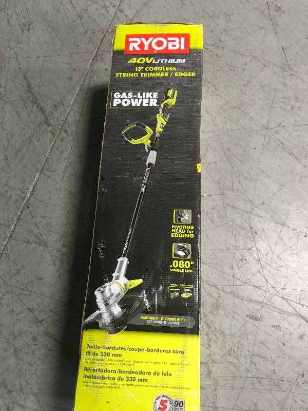 lot 25 image: RYOBI 40-Volt Lithium-Ion Cordless String TrimmerEdger - 2.6 Ah Battery and Charger Included in good condition