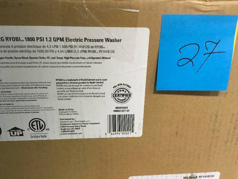 lot 27 image: RYOBI 1,800 psi 1.2 GPM Electric Pressure Washer in good condition
