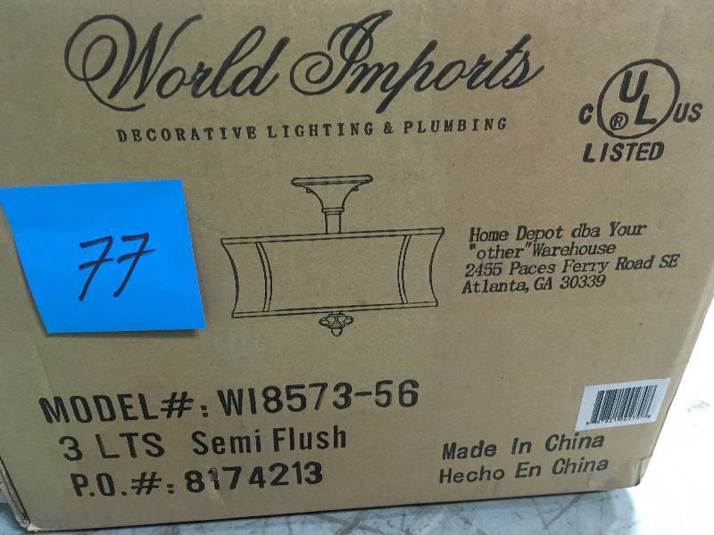lot 77 image: World Imports Chambord Collection 3-Light Weathered Copper Ceiling Semi-Flush Mount Light Fixture not used