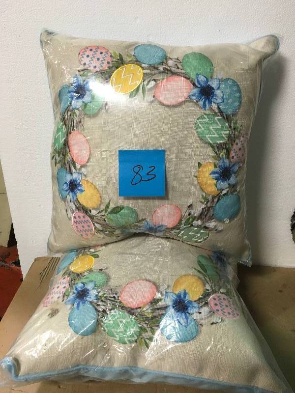 lot 83 image: 18 in Egg Wreath Toss Pillow 18 in L x 18 in W X 6 in H in good condition