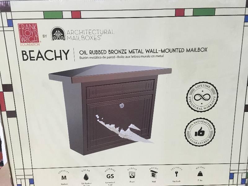 lot 88 image: Architectural Mailboxes Frank Lloyd Wright Collection Beachy Wall Mount Locking Mailbox in good condition