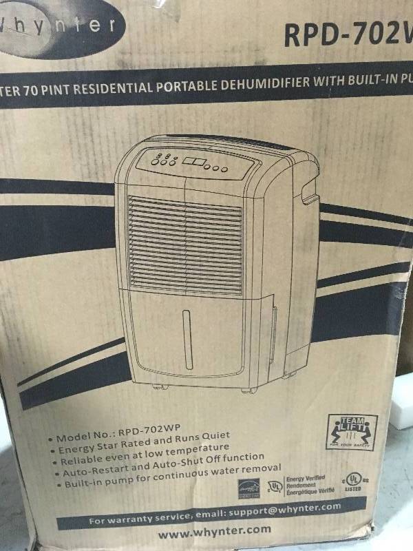 lot 2 image: Whynter 70-Pint Portable Dehumidifier with Pump, ENERGY STAR in good condition