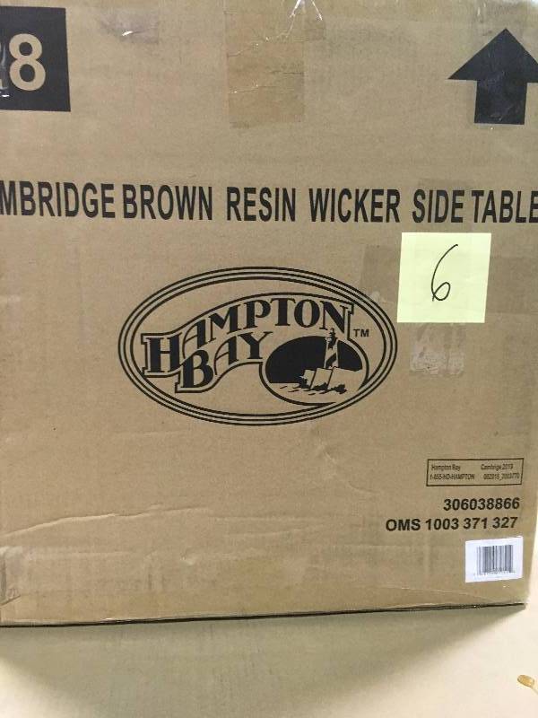 lot 6 image: Hampton Bay Cambridge Brown Wicker Square Outdoor Side Table not used