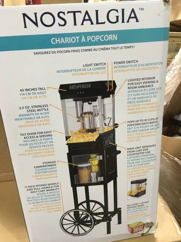 lot 8 image: Vintage 2.5 oz. Black Popcorn Cart with 5 Qt. Bowl by Nostalgia not used