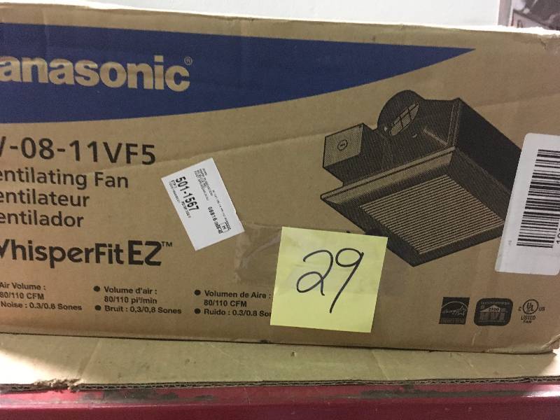 lot 29 image: Panasonic Quiet 80 or 110 CFM Ceiling Low Profile Dual Speed Bath Fan in good condition