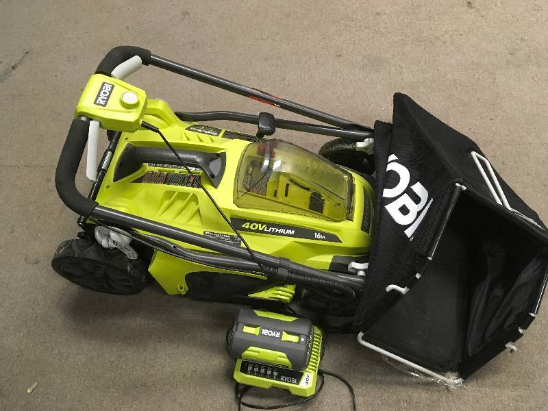 lot 48 image: RYOBI 16 in. 40-Volt Lithium-Ion Cordless Battery Walk Behind Push Lawn Mower - 4.0 Ah BatteryCharger Included in good condition