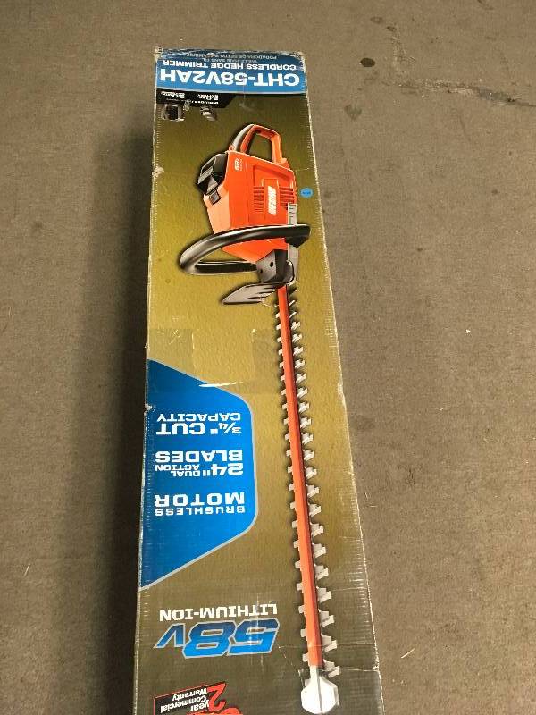 lot 49 image: ECHO 24 in. 58-Volt Lithium-Ion Brushless Cordless Hedge Trimmer - 2.0 Ah Battery and Charger Included in good condition